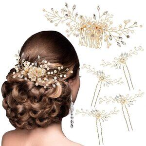 🆕Women Gold Hair Comb and 4 Pins Bridal Pearl Crystal Wedding Hair Comb